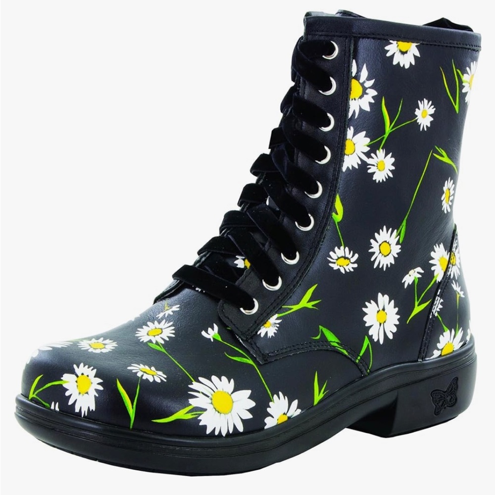 Alegria Ari combat boots with fun daisy pattern.  Leather upper. Never worn.
